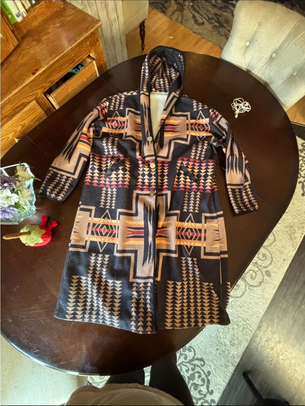 Geometric Hooded Long Coat - Black & Tan